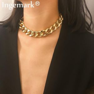 Buybuy תכשיטים ושעוני יוקרה  Punk Miami Cuban Choker Necklace Collar Statement Hip Hop Big Chunky Aluminum Gold Color Thick Chain Necklace Women Jewelry