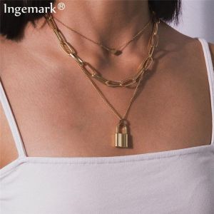 Buybuy תכשיטים ושעוני יוקרה  Ingemark Multi Layer Lover Lock Pendant Choker Necklace Steampunk Padlock Heart Chain Necklace Collier Best Couple Jewelry Gift