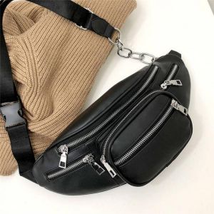 Black  Faux Leather Waist Bag Cell Phone Belt Bag Fanny Pack Bum Bag For Women Men