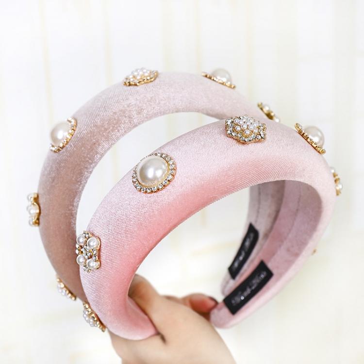 Buybuy אופנה Velvet Pearl Rhinestone Padded Headband for Women Solid Color Sponge Crystal Hairband Women Hair Accessories Hair Band